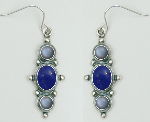 Sterling Silver Drop Dangle Earrings With Lapis Lazuli And Grey Moonstone